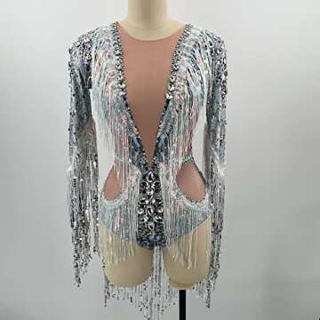 Yoyomomozi Women's Sparkly Rhinestones Tassel Fringes Dancer Leotard Bar Ds Singer Dance Stage Costume Performance BodySuit