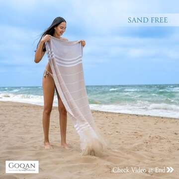 GOQAN Turkish Beach Towel Oversized 39x71 | Thin, Lightweight, 100% Cotton and Sand Free Towel is Suitable for Beach, Bathroom, Pool, Travel & Swim | Odor Free Thanks to Quick Dry Property - Beige