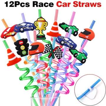 KELENO 98 Pcs Race Car Party Favors Racecar Birthday Supplies Straw Bubble Slap Band Sticker Racing Toy Gift Boy Girl Goodie Bag Stuffer Cars Party Favors for Kids 3-5 4-8