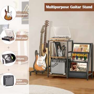 Bikoney Record Player Stand with Guitar Holder, Guitar Rack for Acoustic, Electric Guitar, Bass, Guitar Stand Multiple Guitars, Vinyl Record Stand, Guitar Stands Floor for Studio