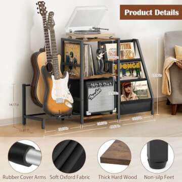 Bikoney Record Player Stand with Guitar Holder, Guitar Rack for Acoustic, Electric Guitar, Bass, Guitar Stand Multiple Guitars, Vinyl Record Stand, Guitar Stands Floor for Studio