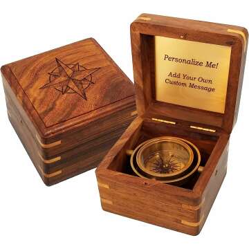 Engraved Compass Personalized in Wood Box | Antique Brass Desk Compass Gifts for Men, Him, Son, Grandson, Teen Boys for Graduation, Baptism, Confirmation, Business, Mentor (Miniature)