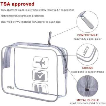 ANRUI TSA Approved Toiletry Bag, Quart Size Travel Toiletry Bags, Clear Toiletry bag Carry On Airport Airline Compliant Bag, Clear Pouch Bag 3 Pack, Grey