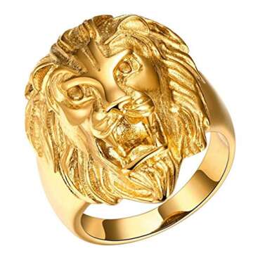 SAINTHERO Men's Vintage 316L Stainless Steel Gold Lion Head Rings Heavy Metal Rock Punk Style Gothic Biker Ring Size 7-14