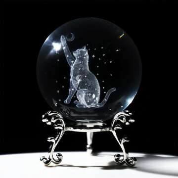 3D Glass Laser Etched Cat Crystal Ball with Stand Crystal Cat Figurine with Moon Star 60mm Cat Crystal Ball Paperweights Cat Gifts for Cat Lovers Women