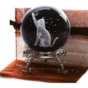 3D Glass Laser Etched Cat Crystal Ball with Stand Crystal Cat Figurine with Moon Star 60mm Cat Crystal Ball Paperweights Cat Gifts for Cat Lovers Women