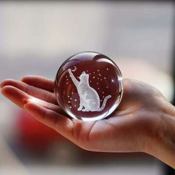 3D Glass Laser Etched Cat Crystal Ball with Stand Crystal Cat Figurine with Moon Star 60mm Cat Crystal Ball Paperweights Cat Gifts for Cat Lovers Women