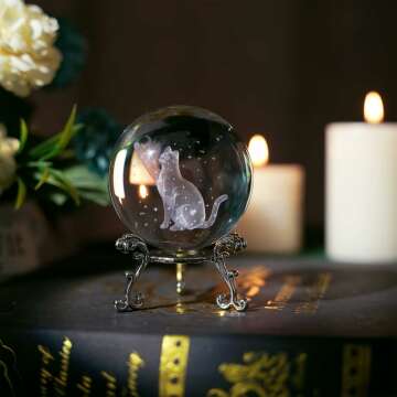 3D Glass Laser Etched Cat Crystal Ball with Stand Crystal Cat Figurine with Moon Star 60mm Cat Crystal Ball Paperweights Cat Gifts for Cat Lovers Women