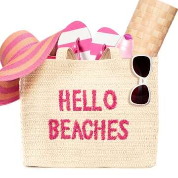 Hello Beaches: beach tote bags. A packable straw beach bag that packs flat. Beach bags for women are beach essentials. Use as a large beach travel tote bag or a pool bag. Beach tote for vacation.