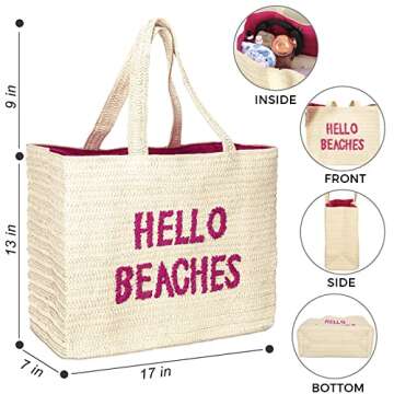 Hello Beaches: beach tote bags. A packable straw beach bag that packs flat. Beach bags for women are beach essentials. Use as a large beach travel tote bag or a pool bag. Beach tote for vacation.