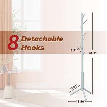 Azaeahom Coat Rack Freestanding with 8 Hooks 3 Adjustable Height Coat Racks Stand Clothing Hanger Stand Wooden Coat Tree Easy Assembly for Entryway, Bedroom, Hallway, Dormitory,Office Grey