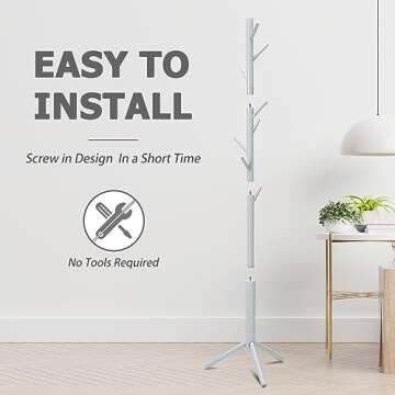 Azaeahom Coat Rack Freestanding with 8 Hooks 3 Adjustable Height Coat Racks Stand Clothing Hanger Stand Wooden Coat Tree Easy Assembly for Entryway, Bedroom, Hallway, Dormitory,Office Grey