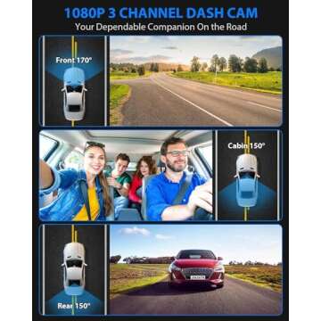 SUVCON Dash Cam, 3 Channel Dash Cam, 1080P Dash Cam Front and Inside, Triple Dash Cam, Dash Camera with 32GB Card, HDR, G-Sensor, 24Hr Parking, Front Rear Dash Cam Loop Recording