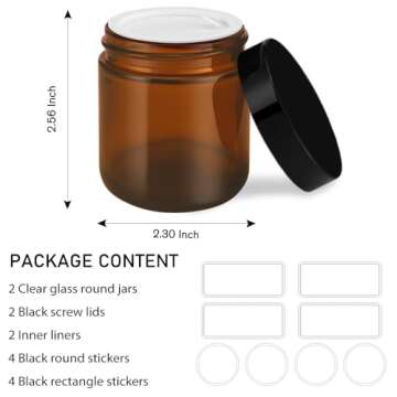 4 oz Glass Jars with Lids, 2 Pack Amber Jars with Lids & Inner Liners, Wide Mouth | Glass Black Mason Jars for Cream, Lotion, Honey, Jam, Jelly | Kitchen & Home