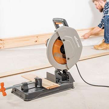 Evolution Power Tools R355CPS 14-Inch Chop Saw Multi Purpose, Multi-Material Cutting Cuts Metal, Plastic, Wood & More Miter Cut up to 45˚ Degrees TCT Blade Included