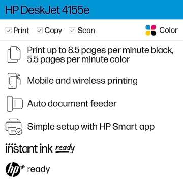 HP DeskJet 4155e Wireless Color Inkjet Printer, Print, scan, copy, Easy setup, Mobile printing, Best-for home, 3 months of Instant Ink included,white