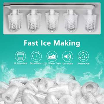 KUMIO Ice Makers Countertop, 9 Bullet Ice in 6-9 Mins with Ice Scoop and Basket, 26.5 Lbs per Day, Portable Ice Maker for Home Office Camping Party RV, Blue