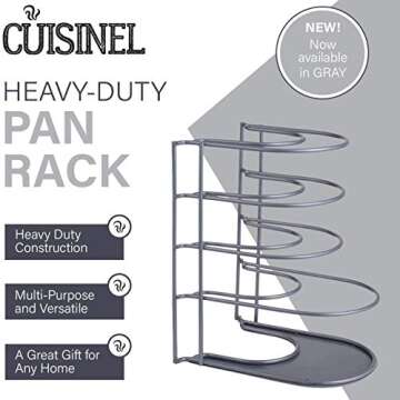 Cuisinel Pots and Pans Organizer Rack for Cast Iron Skillets, Griddles - Heavy Duty, Holds Up to 50 LBS- Horizontal/Vertical Use - Durable Steel Construction - Grey 12.2"-Inch - No Assembly Required