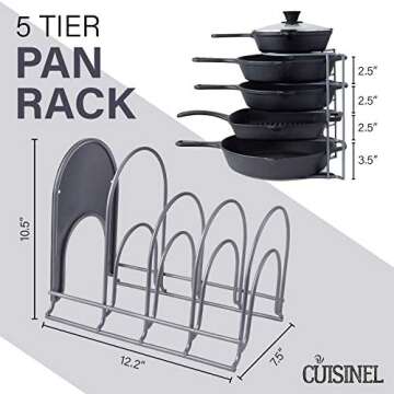 Cuisinel Pots and Pans Organizer Rack for Cast Iron Skillets, Griddles - Heavy Duty, Holds Up to 50 LBS- Horizontal/Vertical Use - Durable Steel Construction - Grey 12.2"-Inch - No Assembly Required