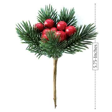 Red Berry Picks Evergreen Wreath Picks & Pine Branches Artificial for Christmas Crafts & Winter Berries Spray Holly Wire Stem Pick Holiday Decorations DIY Ornaments, Xmas Decor Floral Arrangement