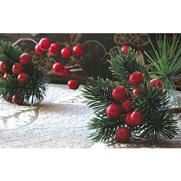 Red Berry Picks Evergreen Wreath Picks & Pine Branches Artificial for Christmas Crafts & Winter Berries Spray Holly Wire Stem Pick Holiday Decorations DIY Ornaments, Xmas Decor Floral Arrangement