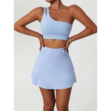 ABOCIW 2 Piece Tennis Skirts Outfits One Shoulder Sports Bra and Athletic Skorts Golf Dresses Blue Small