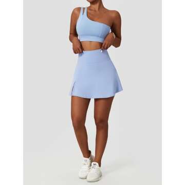 ABOCIW 2 Piece Tennis Skirts Outfits One Shoulder Sports Bra and Athletic Skorts Golf Dresses Blue Small