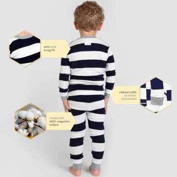 Burt's Bees Baby baby boys Pajamas, 2-piece Pj Set, 100% Organic Cotton (12 Mo-7 Yrs) and Toddler Pajama Bottoms, Midnight Rugby Stripe, 3T US