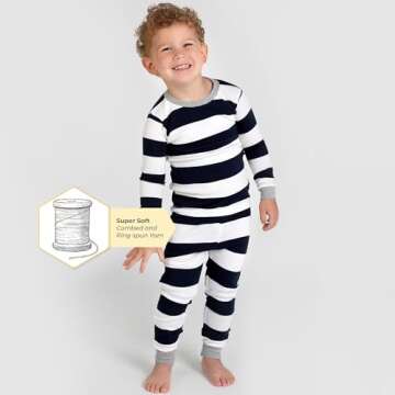 Burt's Bees Baby baby boys Pajamas, 2-piece Pj Set, 100% Organic Cotton (12 Mo-7 Yrs) and Toddler Pajama Bottoms, Midnight Rugby Stripe, 3T US