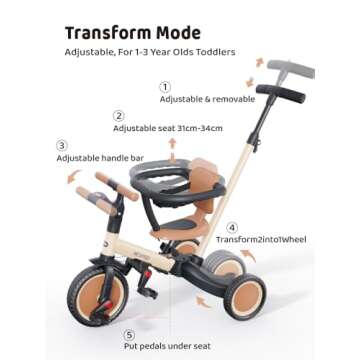 newyoo TR008 5 in 1 Toddler Tricycle with Push Handle for 1-3 Year Old Boys and Girls, Kids Push Trike with Safe Bar, Toddler Bike, Convert to Balance Bike, Birthday Gifts and Toys for Baby, Cream