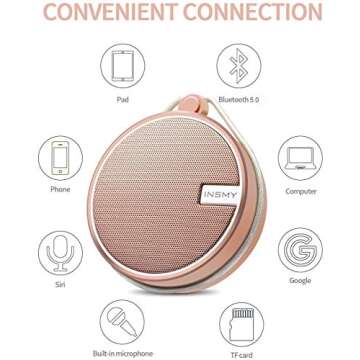 INSMY C12 IPX7 Waterproof Shower Bluetooth Speaker, Portable Small Speaker, Speakers Bluetooth Wireless Loud Clear Sound Support TF Card Suction Cup for Outdoor Kayak Canoe Beach Gift (Cashmere Pink)