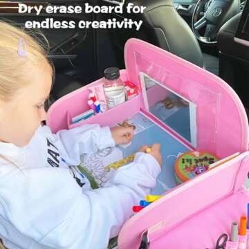 MENZOKE Kids Travel Tray for Toddler Car Seat, Lap Tray for Girl Activities with Dry Erase Board & Cooler Cup Holder, Road Trip Essentials Accessories with No-Drop Large Tablet iPad Holder Stand,Pink