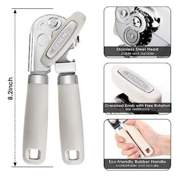 Can Opener Manual, Can Opener with Magnet, Hand Can Opener with Sharp Blade Smooth Edge, Handheld Can Openers with Big Effort-Saving Knob, Can Opener with Multifunctional Bottles Opener, Beige