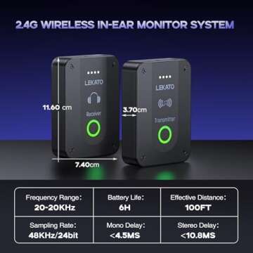 LEKATO Wireless in Ear Monitor System MS-2, Upgraded 2.4G Stereo IEM System Low Latency with Transmitter Beltpack Receiver Auto-Pairing,One to More, in-Ear Monitoring for Church,Band,Singer,Stage