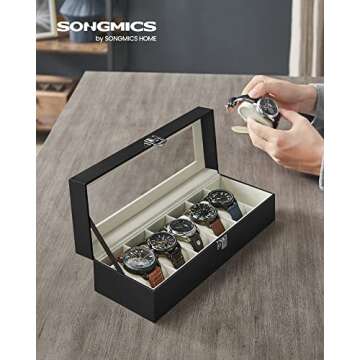 SONGMICS Watch Box, 6-Slot Watch Case with Large Glass Lid, Removable Watch Pillows, Watch Box Organizer, Gift for Loved Ones, Black Synthetic Leather, Greenish Beige Lining UJWB06BE