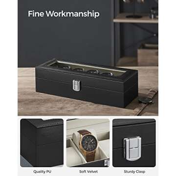 SONGMICS Watch Box, 6-Slot Watch Case with Large Glass Lid, Removable Watch Pillows, Watch Box Organizer, Gift for Loved Ones, Black Synthetic Leather, Greenish Beige Lining UJWB06BE