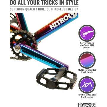 Hyper Nitro Circus RWilly BMX Bike 20 Inch for Kids or Adults, Single Speed, Front and Rear Sprockets, Steel BMX Frame. 360 Handlebar Rotation. Bike Park Ready BMX Bicycle. Jet Fuel Finish