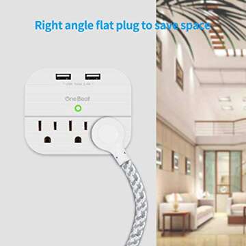 Desktop Power Strip with 3 Outlet 4 USB Ports 4.5A, Flat Plug and 5 ft Long Braided Extension Cords for Cruise Ship Travel Home Office, ETL Listed