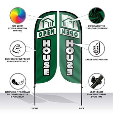 LookOurWay Feather Flag Set 4-Pack - 5ft Tall Open House Sign for Real Estate Advertising - Includes 4 Banner Flags, 4 Pole Sets, and 4 Ground Spikes (Green,10M5000078)