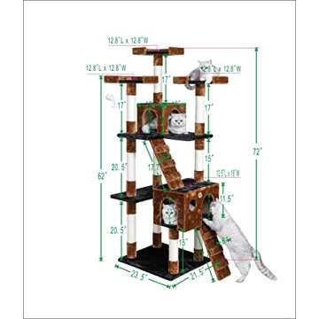 Go Pet Club 72" Tall Cat Tree Tower with Cat Condos - Large Cat Tree - Cat Tower for Indoor Cats - Play Scratch Hide Climb Activity Furniture with Toy - Black/Brown