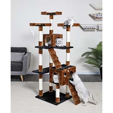 Go Pet Club 72" Tall Cat Tree Tower with Cat Condos - Large Cat Tree - Cat Tower for Indoor Cats - Play Scratch Hide Climb Activity Furniture with Toy - Black/Brown