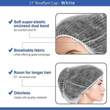 Disposable Bouffant Caps 100 Pcs,21inches Hair Net， Elastic Dust Cap for Food Service, Kitchen Head Cover (White)