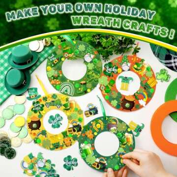 472 Pcs St. Patrick's Day Craft Kits Irish DIY Wreath Craft Kit St. Patrick's Day Wreath Arts Decorations with Lucky Shamrocks Leprechauns Gnome Stickers for Irish Indoor Outdoor Home Party Favors