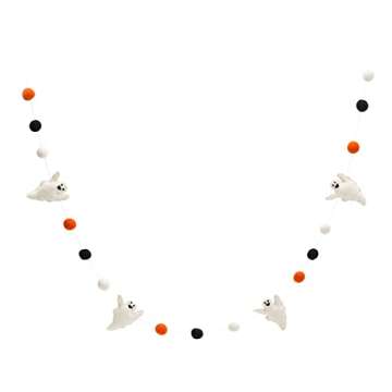 Glaciart One Felt Balls + Ghosts Garland - Easy to Hang Halloween Party Banner Decoration - 100% New Zealand Wool, Hand-Felted in Nepal - 5' Long, 15 White Orange & Black Pom Poms, 4 Ghost Ornaments