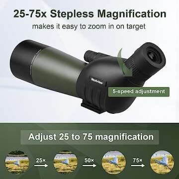 Nexiview 25-75x60 Spotting Scope with 64in Tripod, Carry Bag - Clear Low Light Vision Spotting Scopes - Fogproof Spotting Scopes for Target Shooting, Hunting, Birding, Wildlife Viewing (Green)