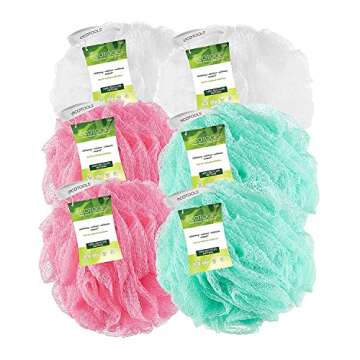 EcoTools Exfoliating EcoPouf, Shower Loofah Scrubs & Cleanses, Pouf with Recycled Netting, Exfoliation Removes Dead Skin, Eco-Friendly Bath Accessory, Cruelty-Free, Color May Vary, 6 Count (60g)