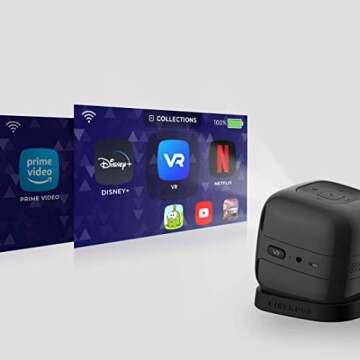 CINEMOOD 360 - Smart wi-fi cube projector with streaming services, 360° videos, games, kids entertainment. 120 inch picture, 5-hour video playtime. Neat portable projector for family entertainment.