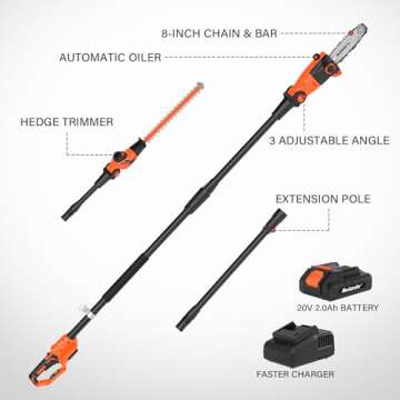 Pole Saw 8-Inch Cordless Pole Saws for Tree Trimming and 18-Inch Pole Hedge Trimmer 2-in-1, 15-Feet MAX Reach, 16ft/s Speed, Auto Oiling Pole Chainsaw with 20V 2.0Ah Battery & Charger