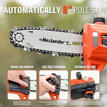 Pole Saw 8-Inch Cordless Pole Saws for Tree Trimming and 18-Inch Pole Hedge Trimmer 2-in-1, 15-Feet MAX Reach, 16ft/s Speed, Auto Oiling Pole Chainsaw with 20V 2.0Ah Battery & Charger