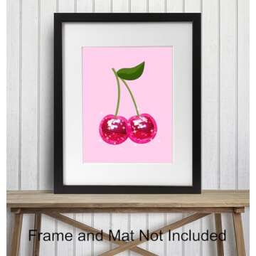 Trendy Retro Wall Art & Decor - Cherry Disco Ball Home Decor Poster - Pink Funky Living room Wall Art- Preppy Stuff Room Decor - Girls Bedroom Dorm Teen Room Decor- Indie Eclectic Wall Decor Aesthetic